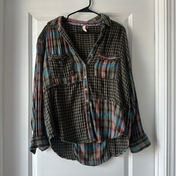 Anthropologie Pilcro Shirt Green Plaid Patchwork Button Up Long Sleeve - Small - Picture 1 of 5